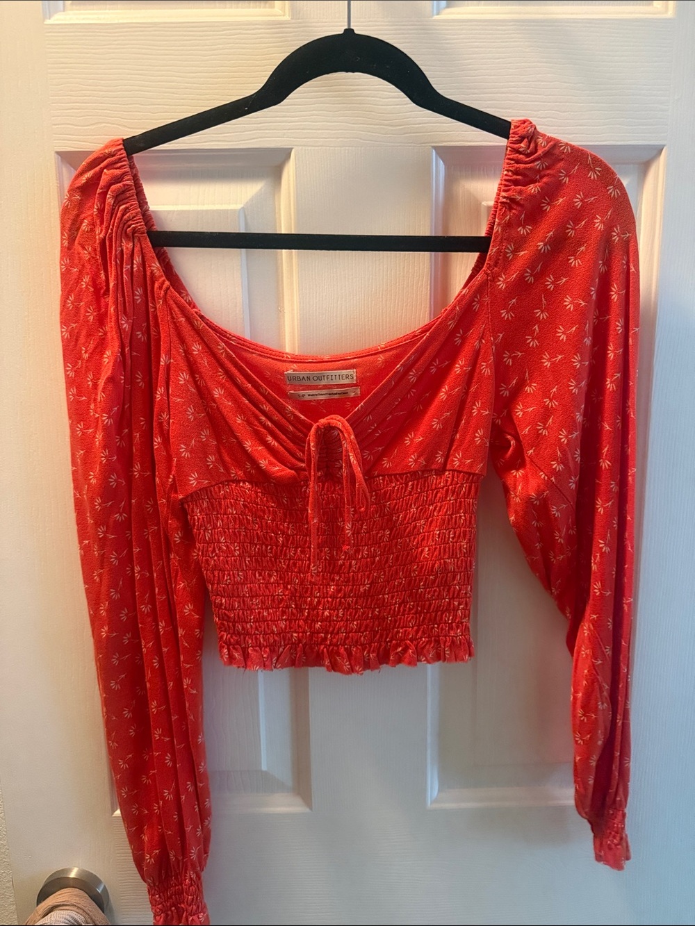 Urban Outfitters Red Smocked Tie-Front Long Sleeve Crop Top